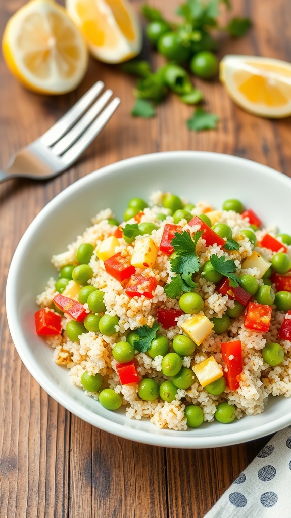 A colorful quinoa and edamame salad with vegetables and cilantro in a rustic bowl on a wooden table.